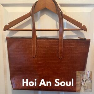 Hoi An Soul Zippered Regent Crocodile Embossed Caramel Brown Leather Tote Bag